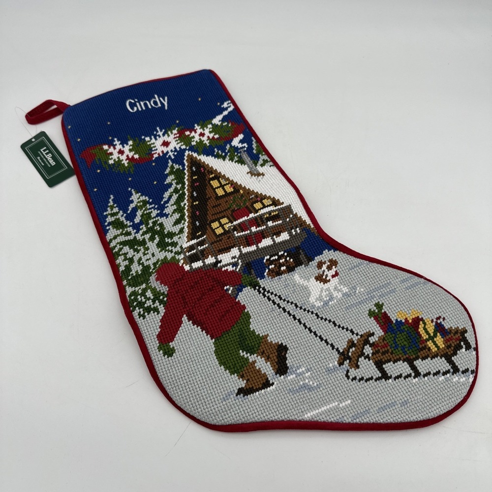 LL Bean Winter Cabin Needlepoint 18" Christmas Stocking CINDY‎ - NWT